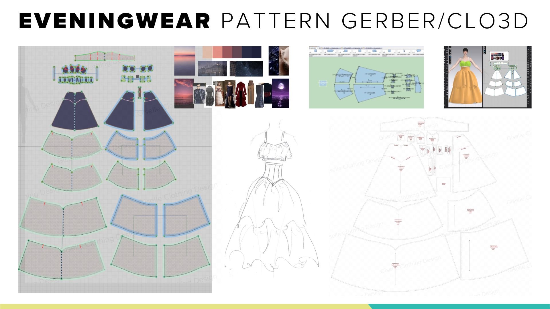 Evening wear pattern development design sheet, featuring fabric swatches, mood board with sunset and galaxy imagery, dress sketches, CAD layouts, and annotated fabric cut outlines.