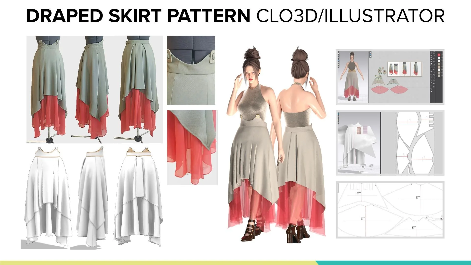 This board showcases the design process for an original draped skirt, featuring the physical garment on a dress form, digital pattern development in CLO3D, and technical sketches. Highlights the construction, pleating, and flow of the skirt, demonstr