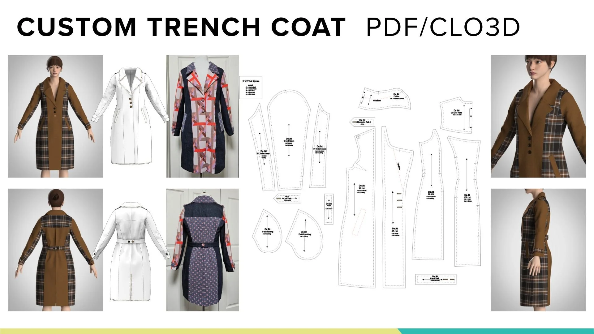 Design schematic for a custom trench coat featuring front, back, and side views, along with fabric patterns, technical details, and assembled images of the coat on a mannequin from multiple angles.