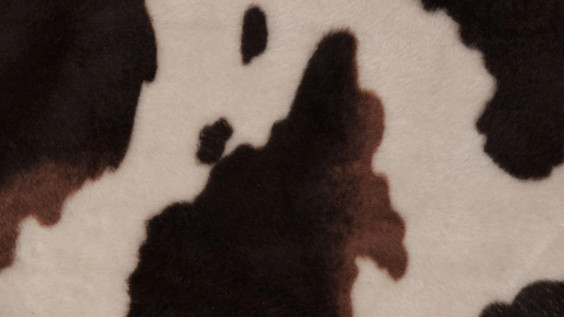 Close-up image of a black, brown, and white cowhide-patterned carpet.