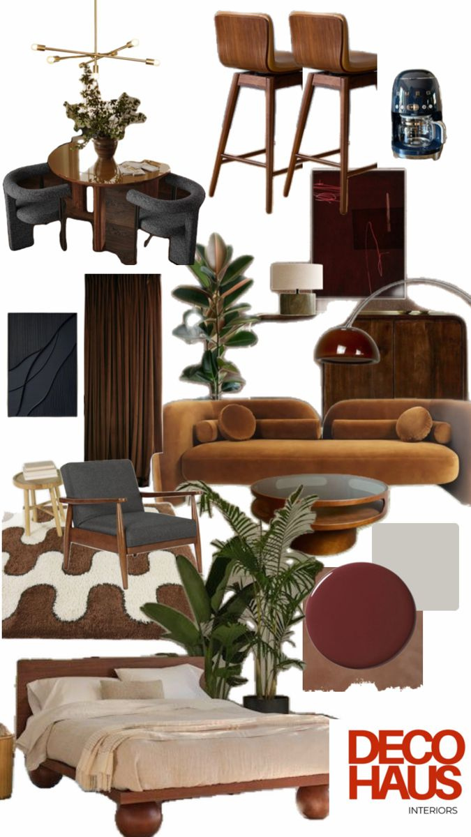 Collage of interior furniture and decor including a round dining table with chairs, a pair of wooden bar stools, a coffee maker, a black textured wall art, a brown curtain, a potted plant, a beige table lamp, a brown velvet sofa with cushions, a wooden coffee table, a patterned rug, a gray armchair, a bed with beige bedding, and various color swatches. The DECO HAUS INTERIORS logo appears in the bottom right corner.