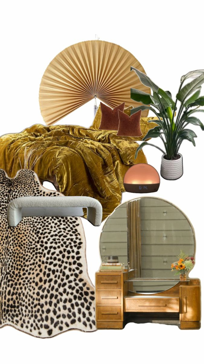 Bedroom decor with a mustard-colored velvet bedspread, two small brown pillow cushions, a large palm plant in a white pot, a round alarm clock, a leopard print rug, a modern vanity table with a large round mirror, and a bedside table with books and a flower vase.