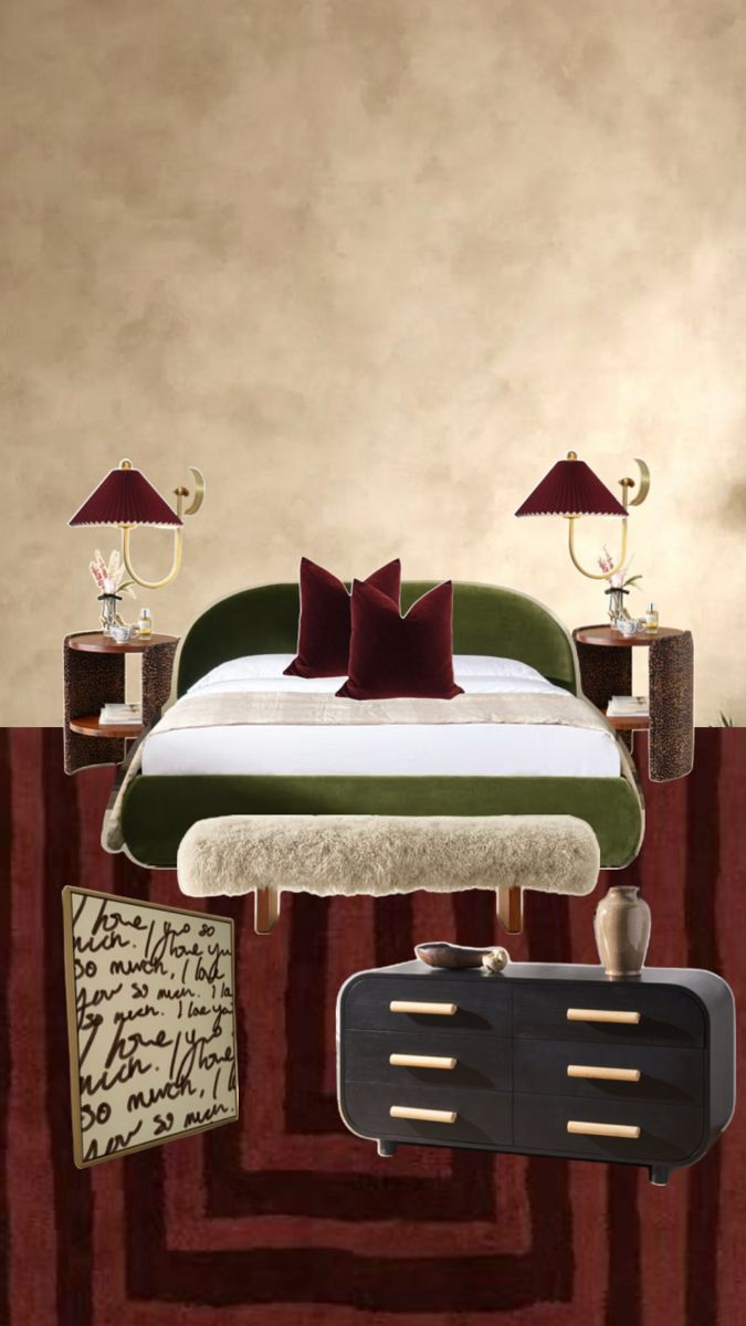 A bedroom with a green bed, two side tables with lamps, two burgundy pillows, a beige blanket, a black dresser, a beige ottoman, and wall decorations including a framed handwritten note and a vase.