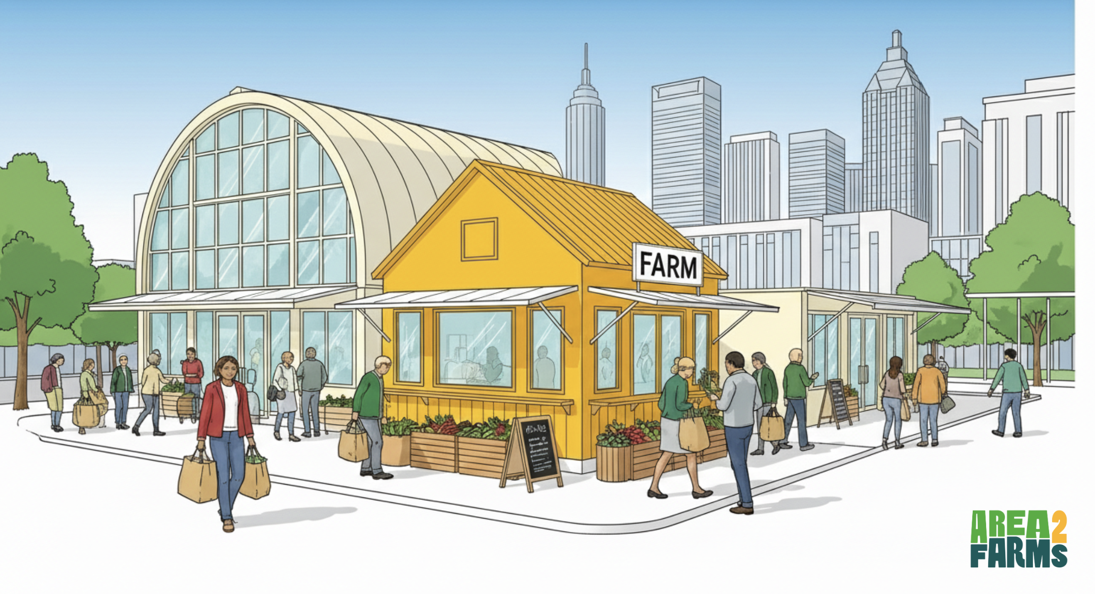 Urban farm stand with shoppers in front of a modern city skyline, featuring a greenhouse, yellow farm building, and trees.