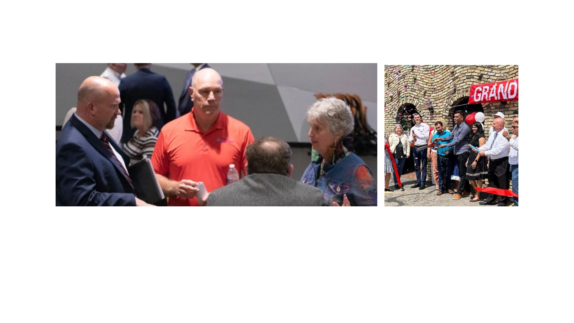 Left image: People talking at a social event, including a woman with gray hair and a man with gray hair in a gray suit. Right image: Group of people at a grand opening ribbon-cutting ceremony outside a brick building with a red banner reading 'GRAND' and balloons.
