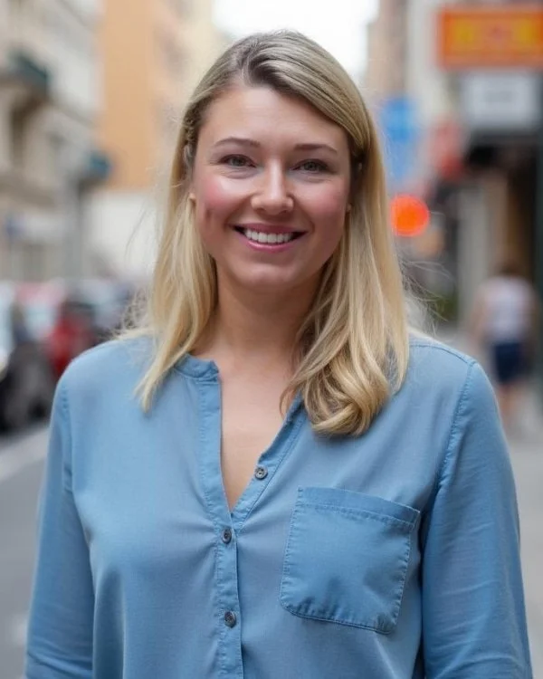 A smiling young woman with shoulder-length blonde hair, wearing a light blue button-up shirt, standing on a city street with blurred buildings and signs in the background.
