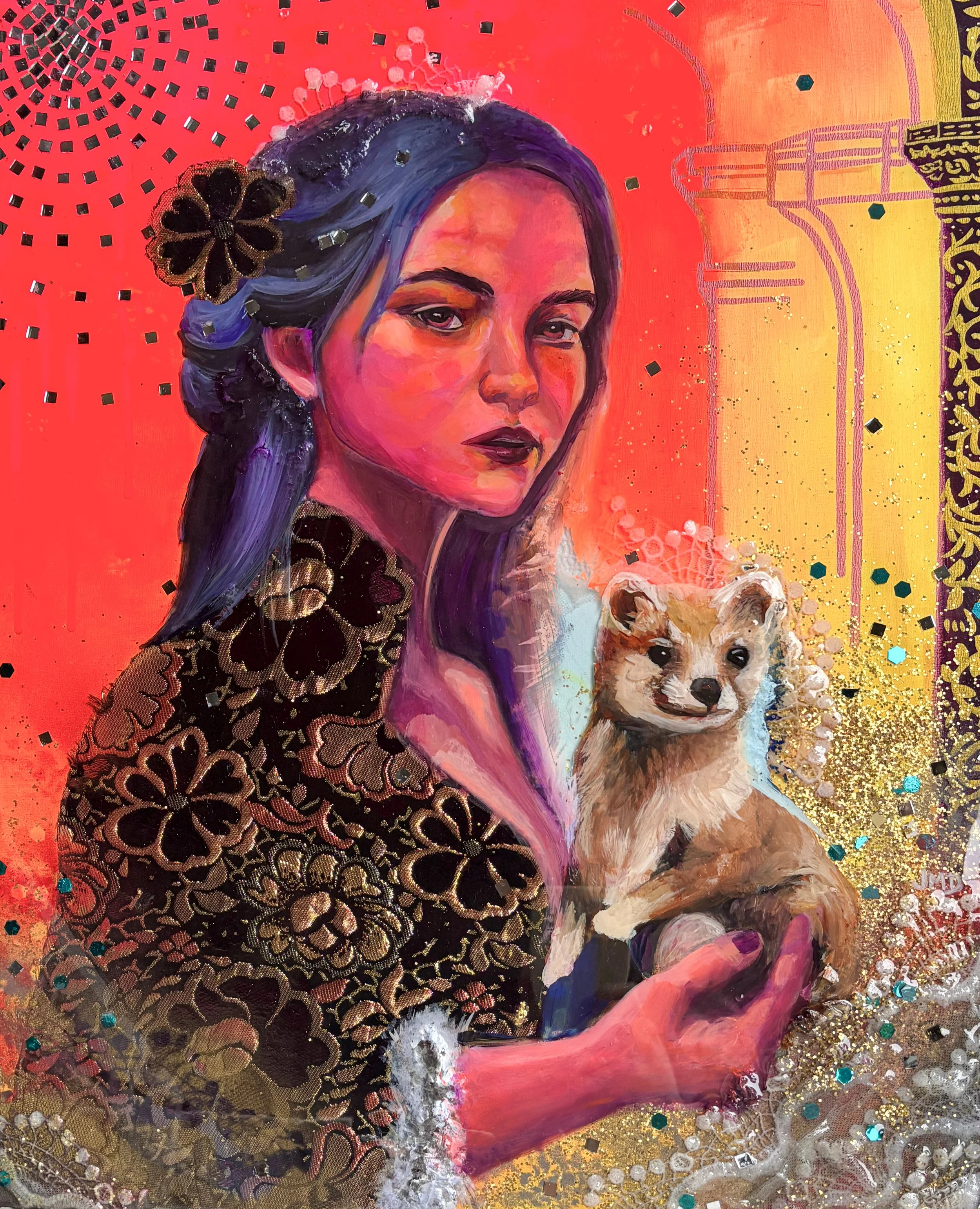 Opulence |
20"x16" |
Acrylic, Resin, Lace, Disco Tiles, Glitter, Feathers |
$1150