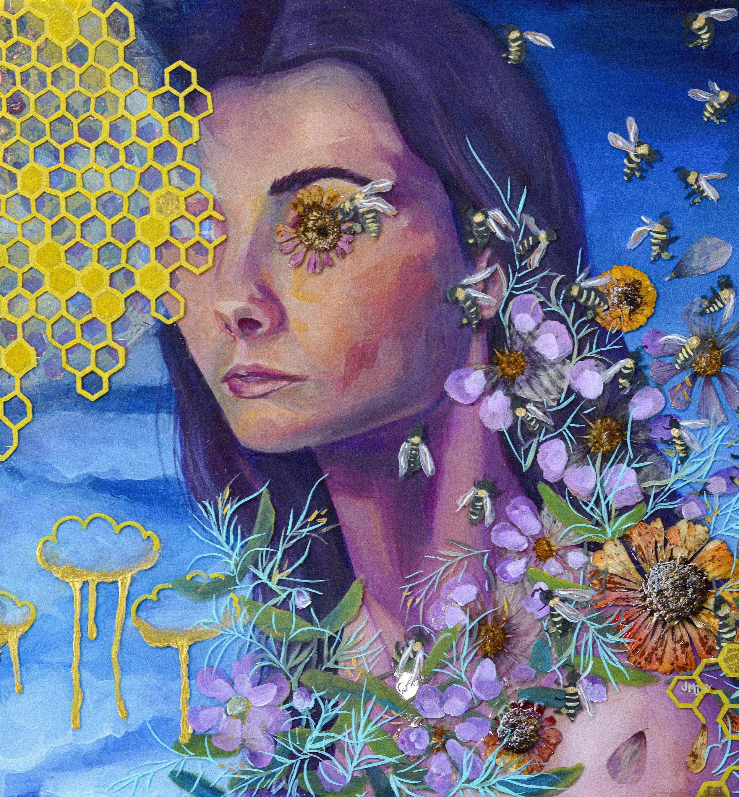 Swarm | 20"x20" | Acrylic, Resin, Dried Flowers, Sequins, Gold Leaf | $1300