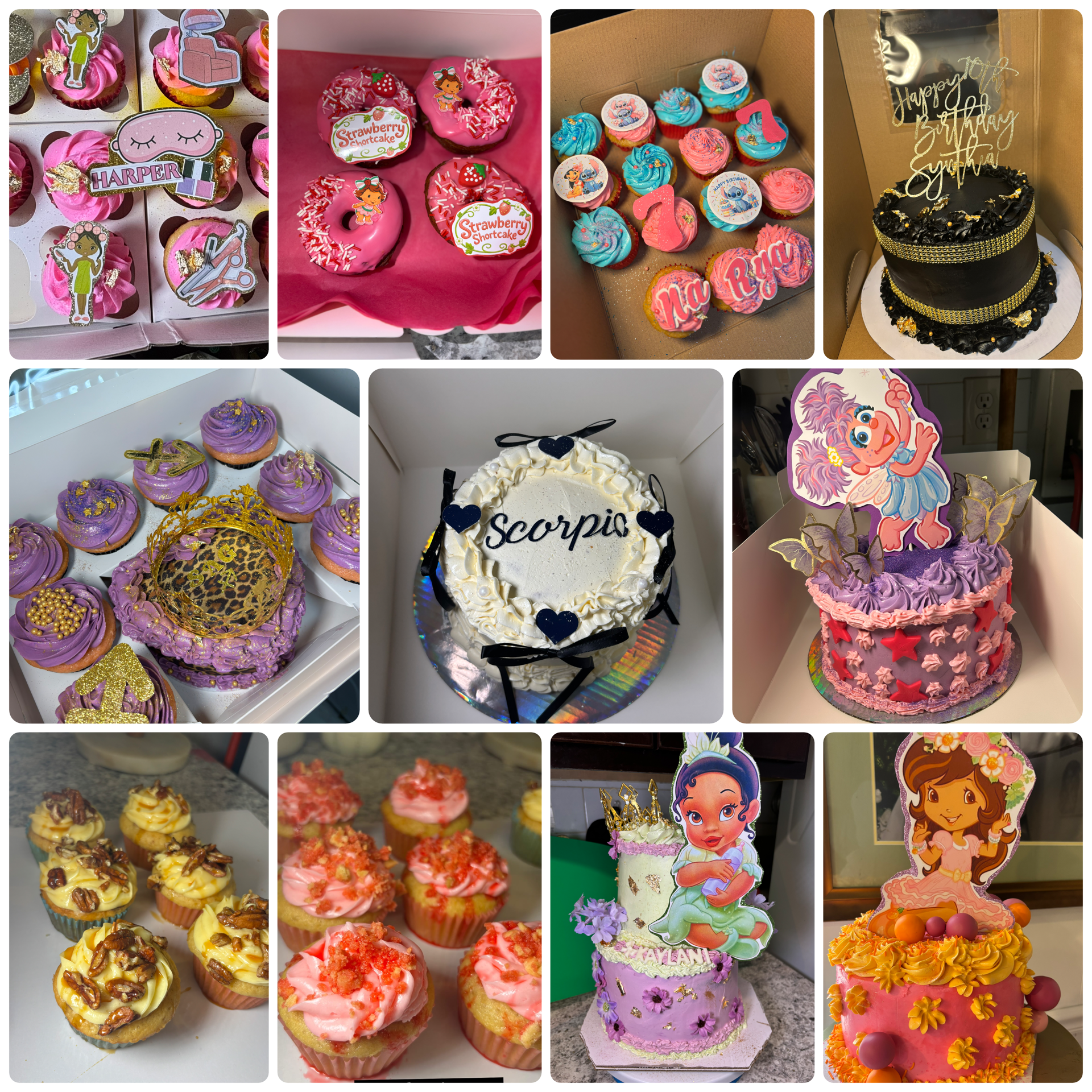 Collection of birthday and celebration cakes and cupcakes with various themes, colors, and decorations.