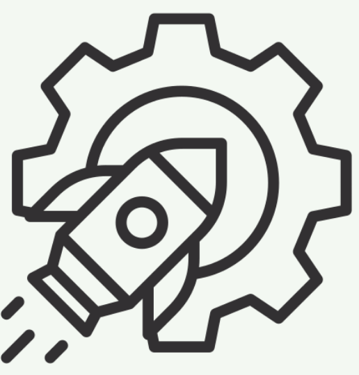 Line drawing of a gear with a rocket taking off in front of it, symbolizing technology and innovation.