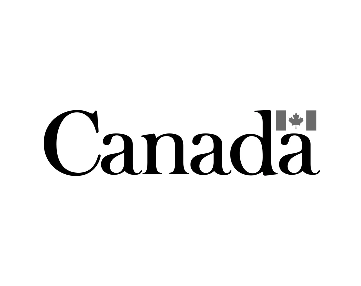 The word 'Canada' in black font with a small maple leaf and the Canadian flag's gray maple leaf and vertical stripes above the letter 'a'.