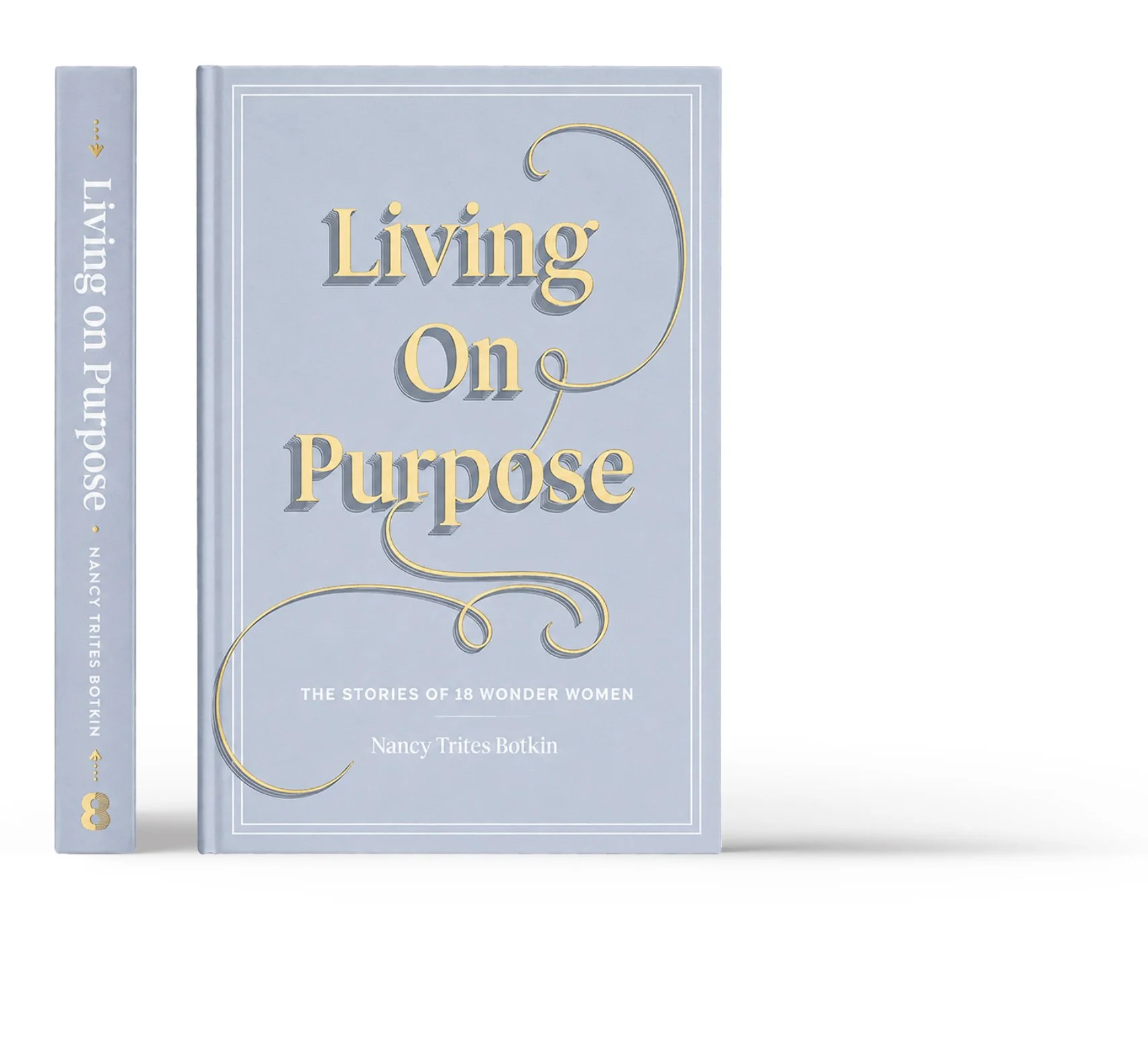 A hardcover book titled 'Living On Purpose' by Nancy Trites Botkin, with a light blue cover and gold text, and a spine with the title and author's name.