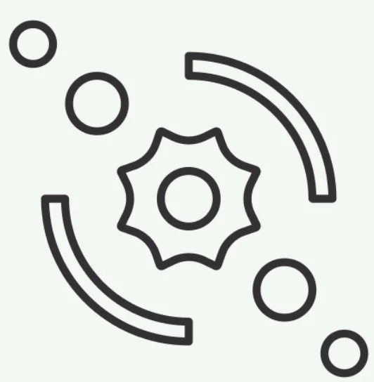 Abstract line drawing of circles, a gear, and curved lines
