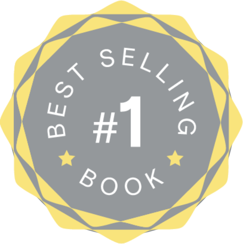 A circular badge with a yellow and gray border, featuring the text "Best Selling Book" around the top, a large number "1" in the center, and two yellow stars on each side of the number.