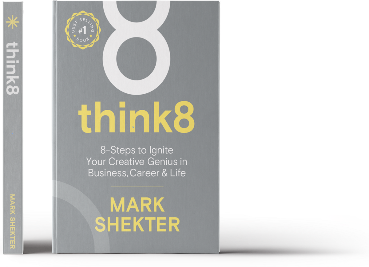 The best selling 'Think8' book by Mark Shekter with a grey cover, and white and yellow text.