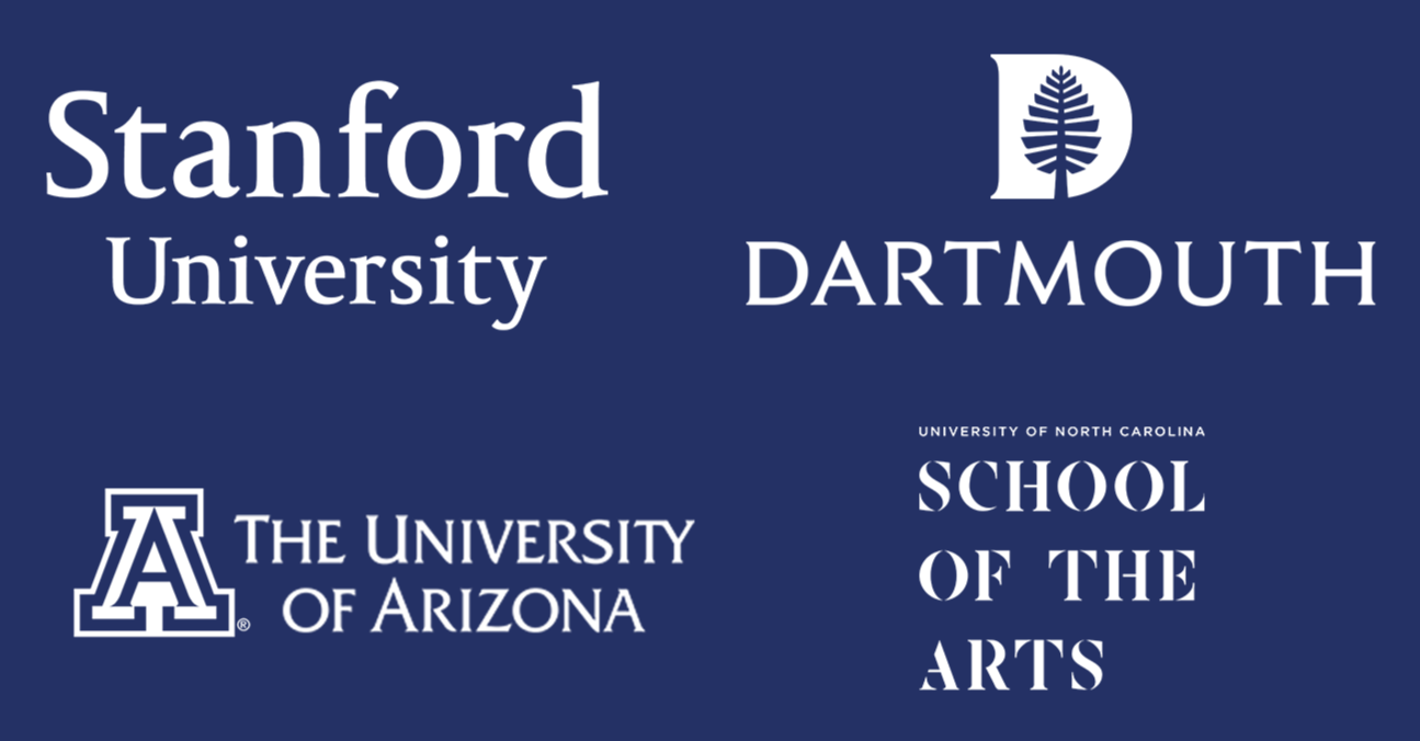 Composite image featuring logos of Stanford University, Dartmouth, University of Arizona, and University of North Carolina School of the Arts.