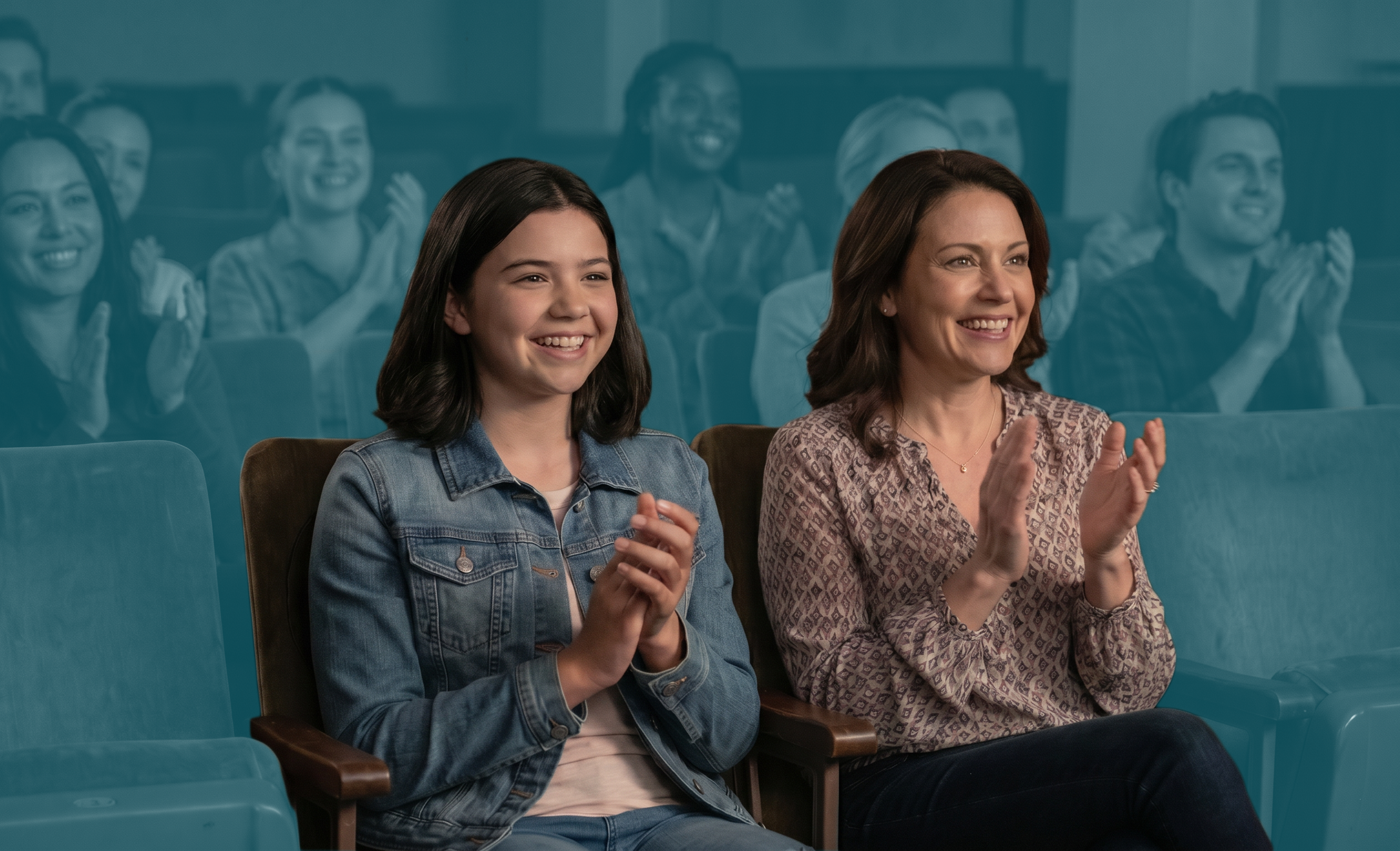 A group of diverse people in an auditorium applauding at the end of of local theater performance, with a mother and her teenage daughter in the foreground, both happy and engaged.