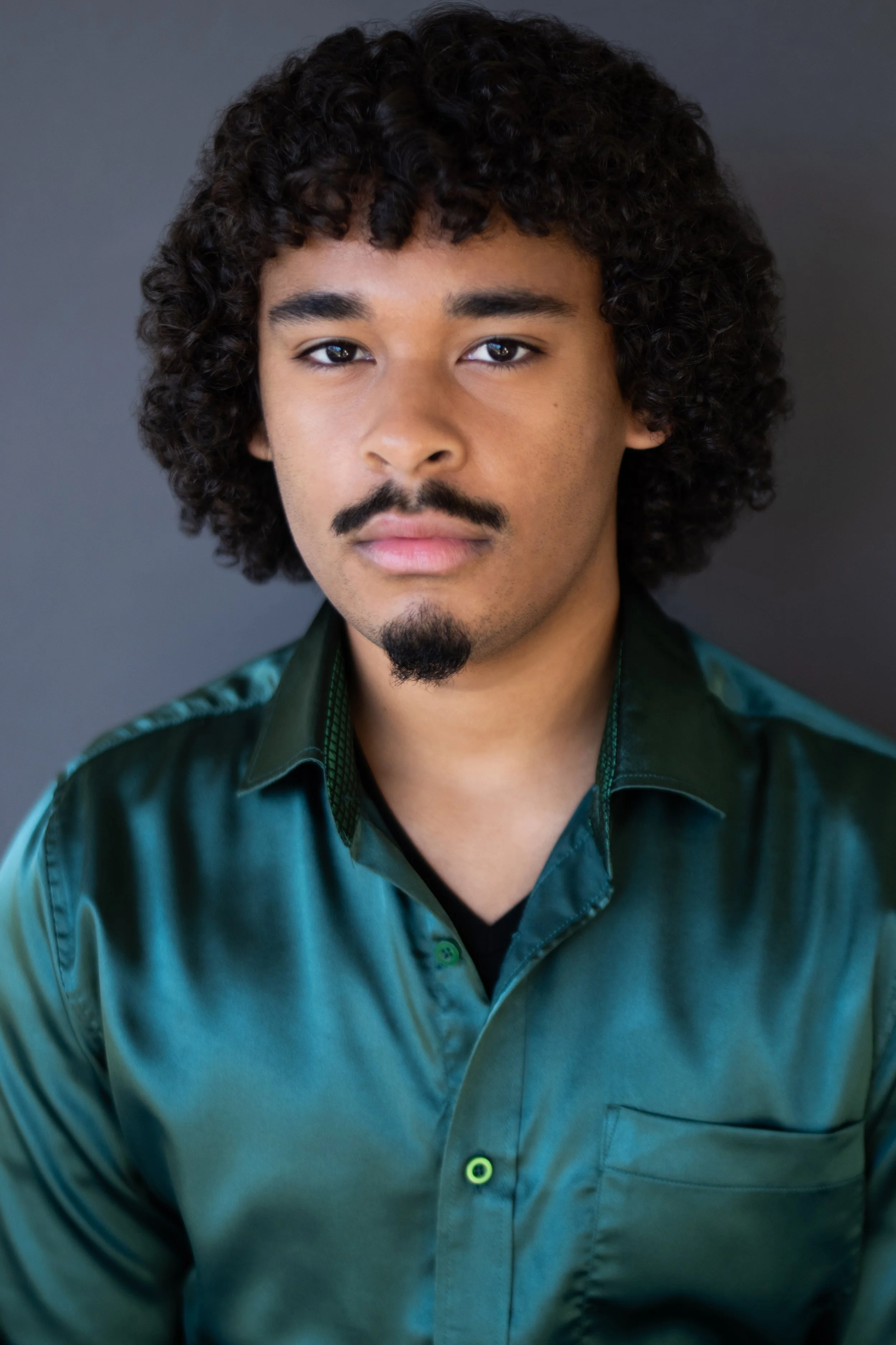 Headshot of a handsome young man with curly hair and a goatee, wearing a green satin shirt, against a dark gray background.