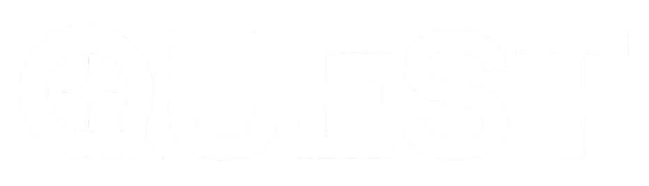 The word 'QUEST' in white capital letters on a black background, with a circular emblem featuring a cross inside the letter Q.
