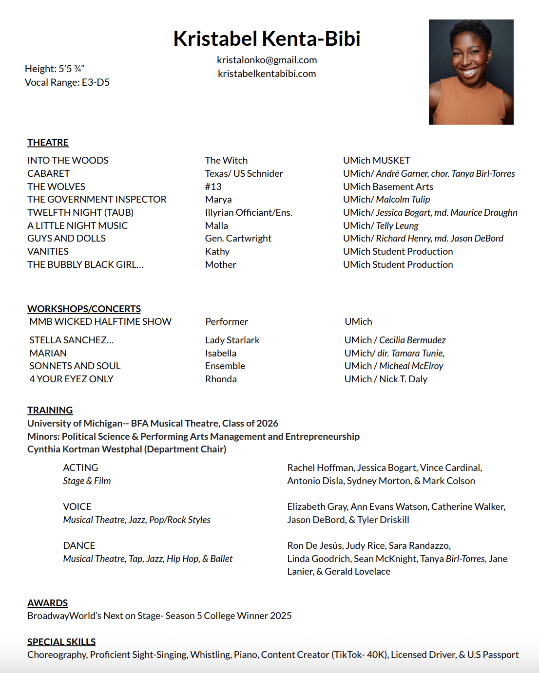 A professional resume for Kristabel Kenta-Bibi, including contact information, headshot photo, and sections for theater, workshops/concerts, training, awards, and skills.