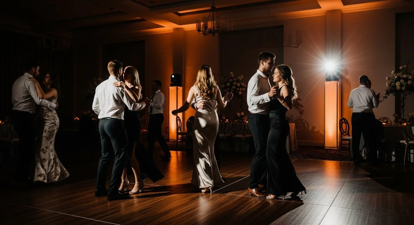 People dancing at a wedding reception in a dimly lit hall with warm lighting and floral decorations