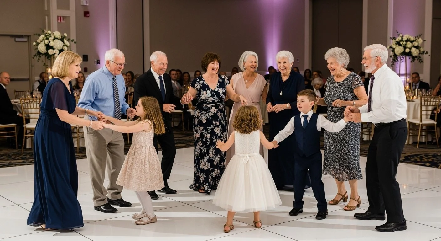 Older adults and children dancing together in a joyful circle at a wedding reception