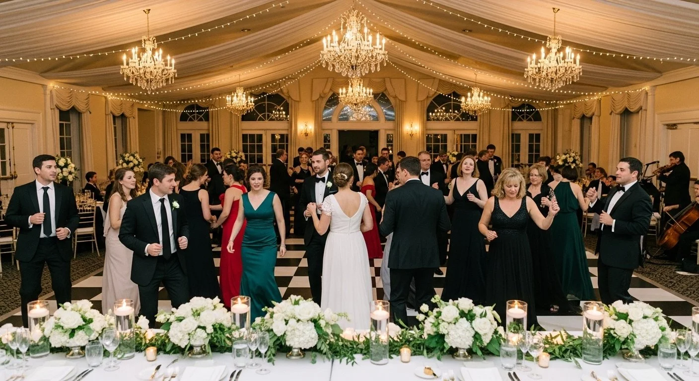 Couples dancing at a wedding reception in an elegant ballroom with chandeliers, string lights, and floral arrangements.
