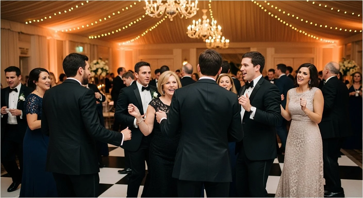 People dancing and socializing at a formal event, with elegant lighting and chandeliers.