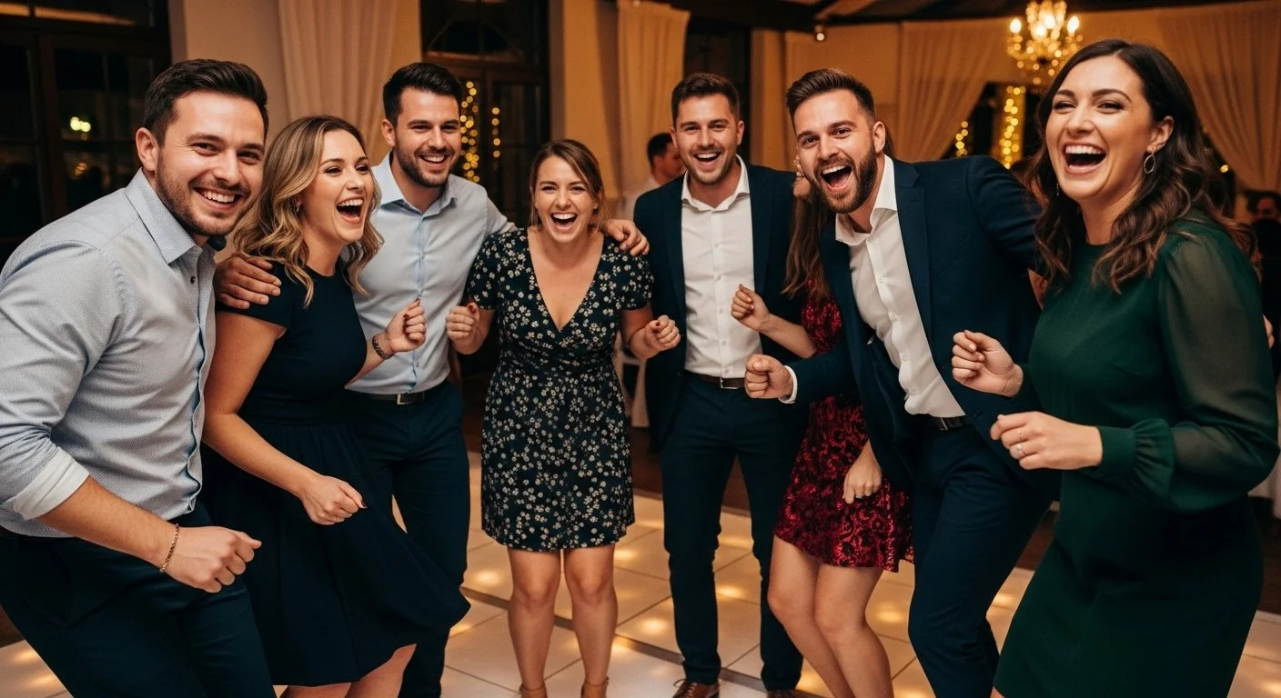 Group of seven people, four men and three women, wearing formal attire, dancing and celebrating at an indoor party with warm lighting.
