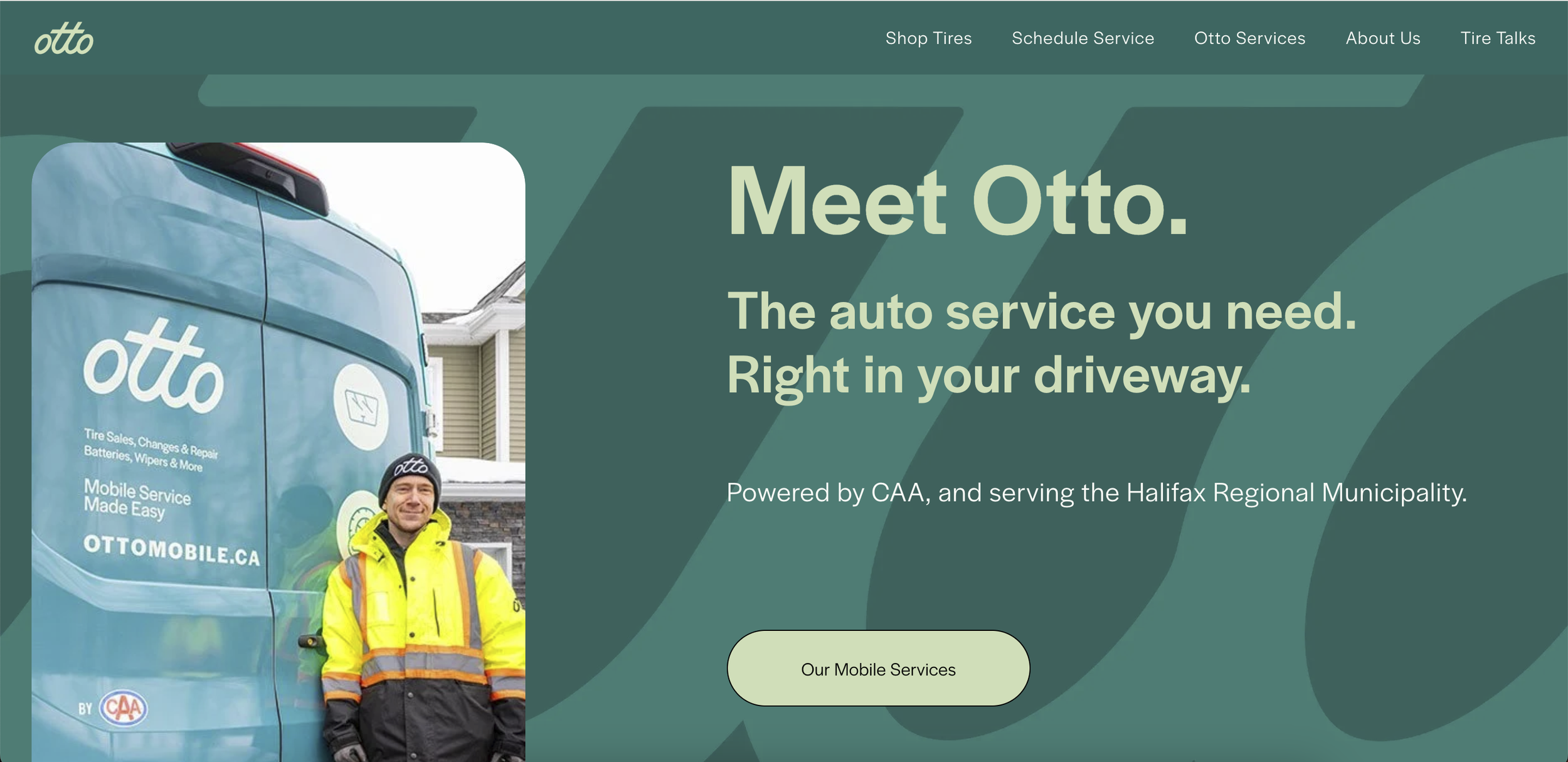 A home page for Otto Mobile, a mobile car service in Halifax. Menu features Shop Tires, Schedule Services, Service Options, About and a section called Tire Talks.