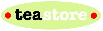 Logo of tea store with green and white text and red dots on a black background.