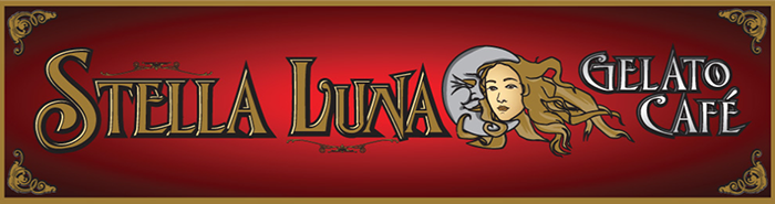 Sign for Stella Luna Gelato Café with a red background, stylized text, and an illustration of a woman with long flowing hair and a full moon.