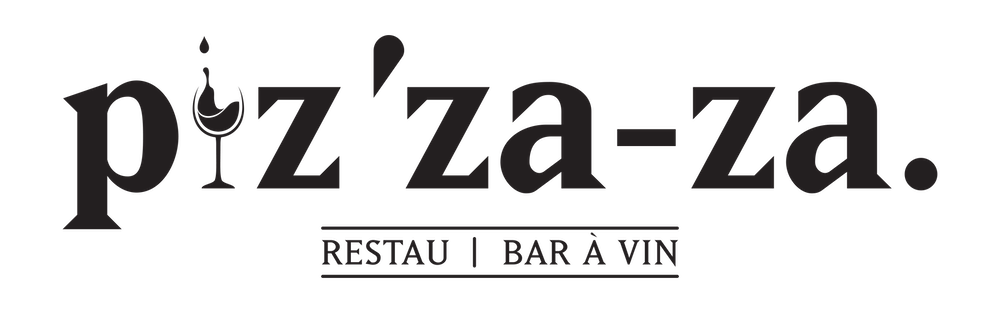 Logo for Piz'za'za restaurant, featuring stylized text with an olive on the letter 'i' and additional text indicating it is a restaurant and wine bar.