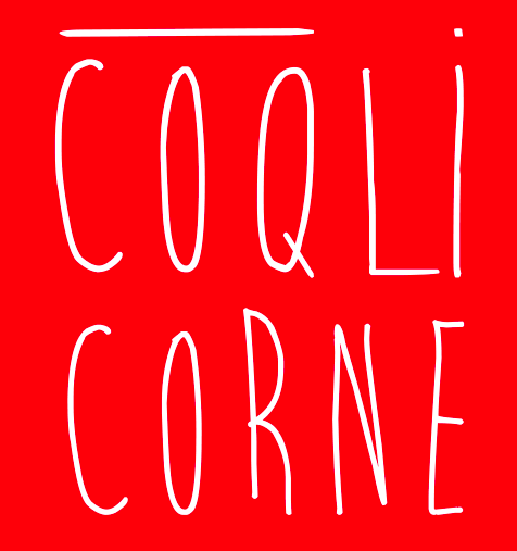 A red background with white handwritten text that says "COOLI CORNE".