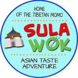 Logo for Sula Wok, featuring a Tibetan-style building, with the text 'Home of the Tibetan Momo' and 'Asian Taste Adventure' in a blue circular design.