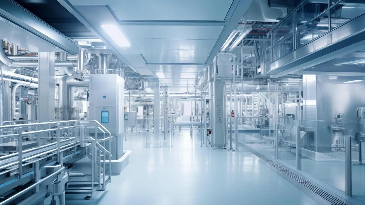 A clean, modern industrial or laboratory facility with extensive stainless steel piping, machinery, and equipment.