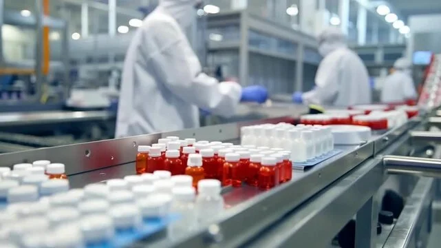 Pharmaceutical production line with labeled vials and workers in protective clothing.