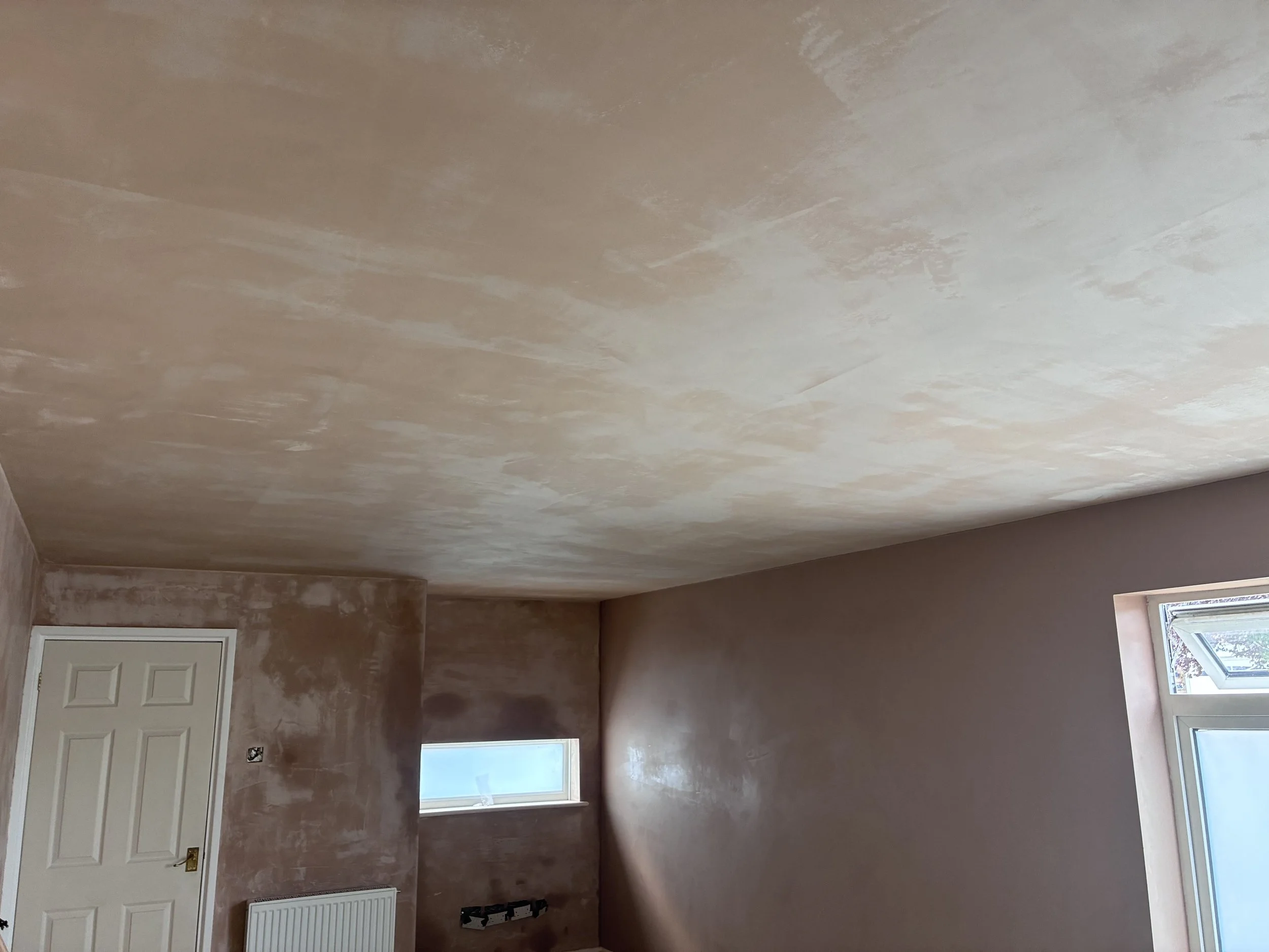 Room with beige painted walls, two windows allowing natural light, a white overhead door, and a radiator on the wall.