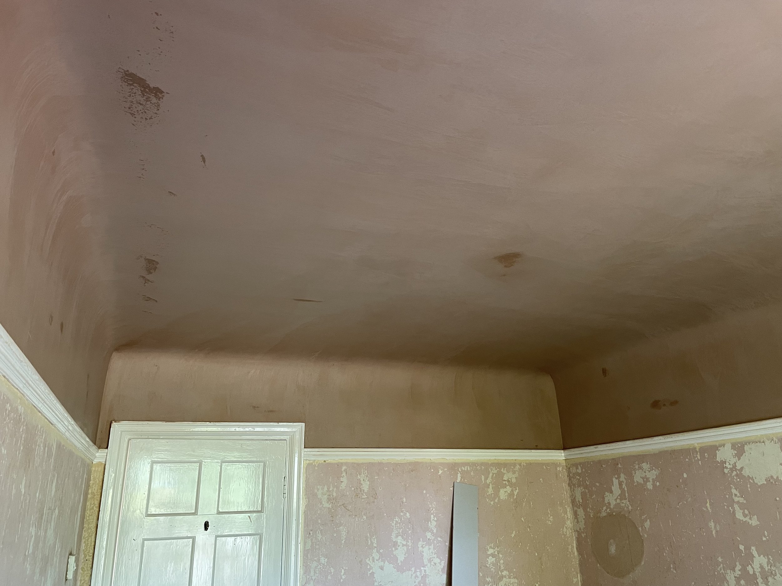 Interior of a room with a textured, uneven ceiling and peeling walls, a closed white door, and some damage spots on the ceiling and wall.