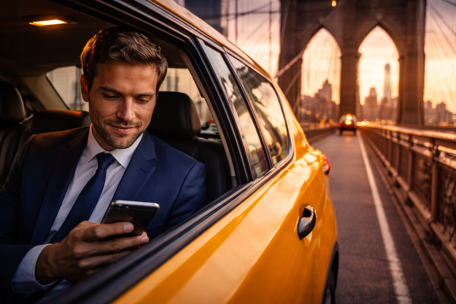 A man in a navy suit using a smartphone inside a yellow taxi cab on a bridge during sunset.