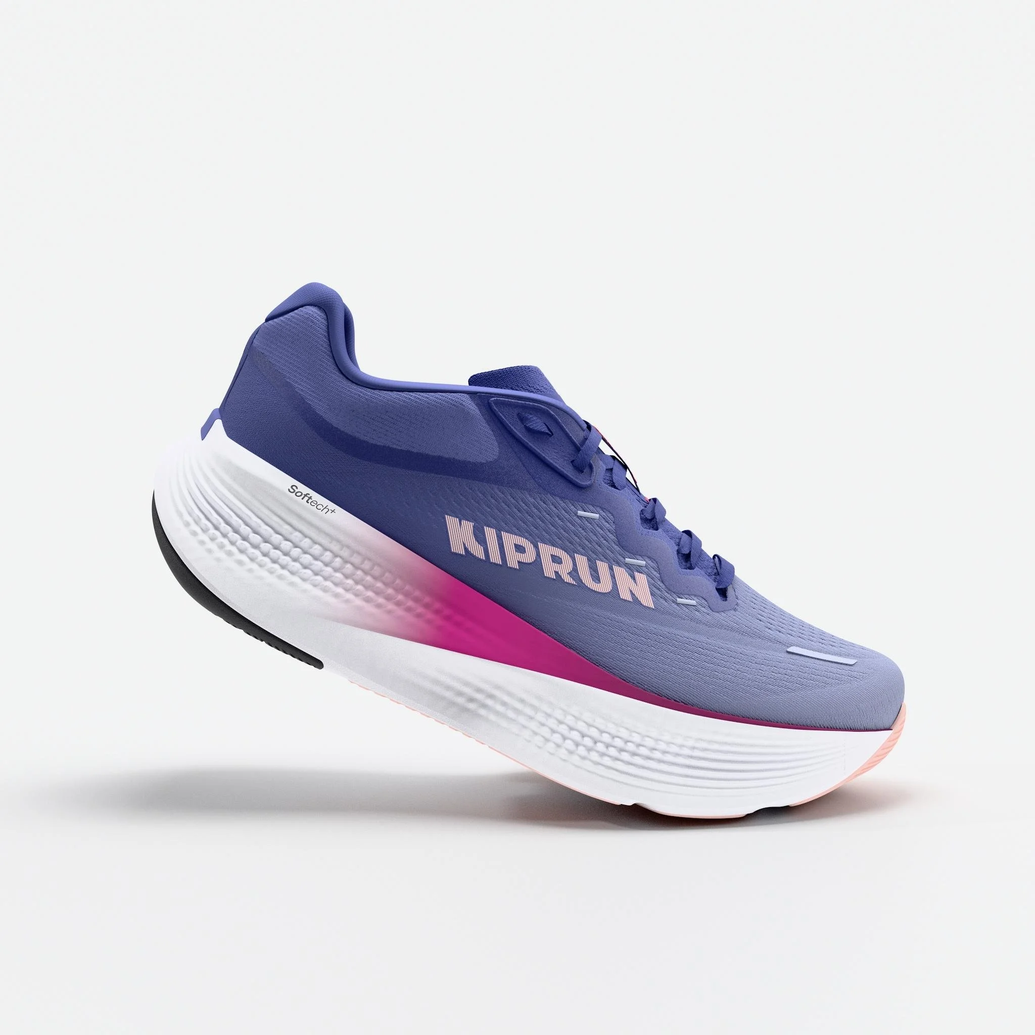 A purple athletic shoe with white and pink accents, displaying the words 'KIPRUN' and 'Sofftech+' on the side, against a plain white background.