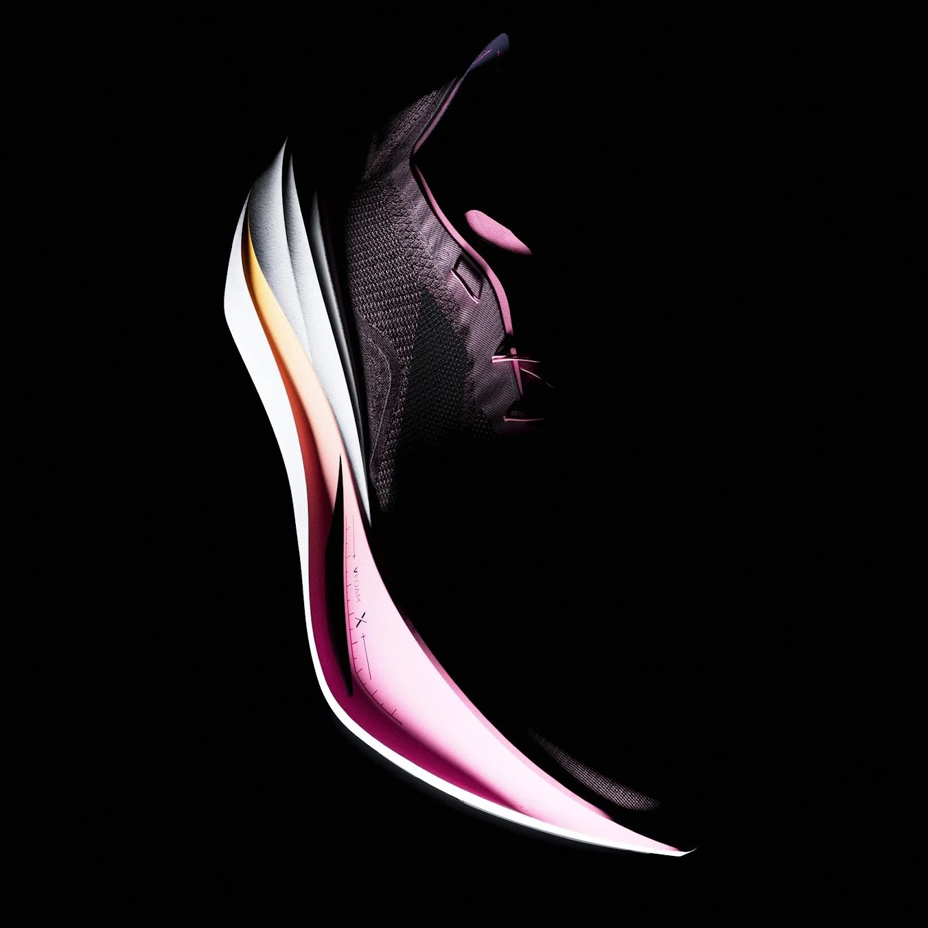 A side view of a futuristic, sleek gaming computer mouse with glowing pink accents, set against a black background.