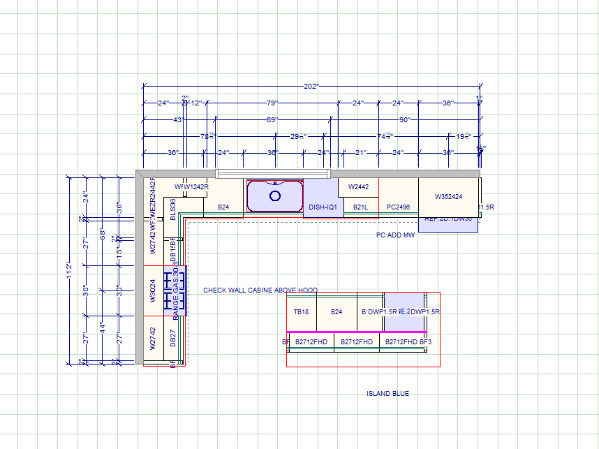 A detailed kitchen layout plan with measurements, wall cabinets, appliances, and fixtures on graph paper.