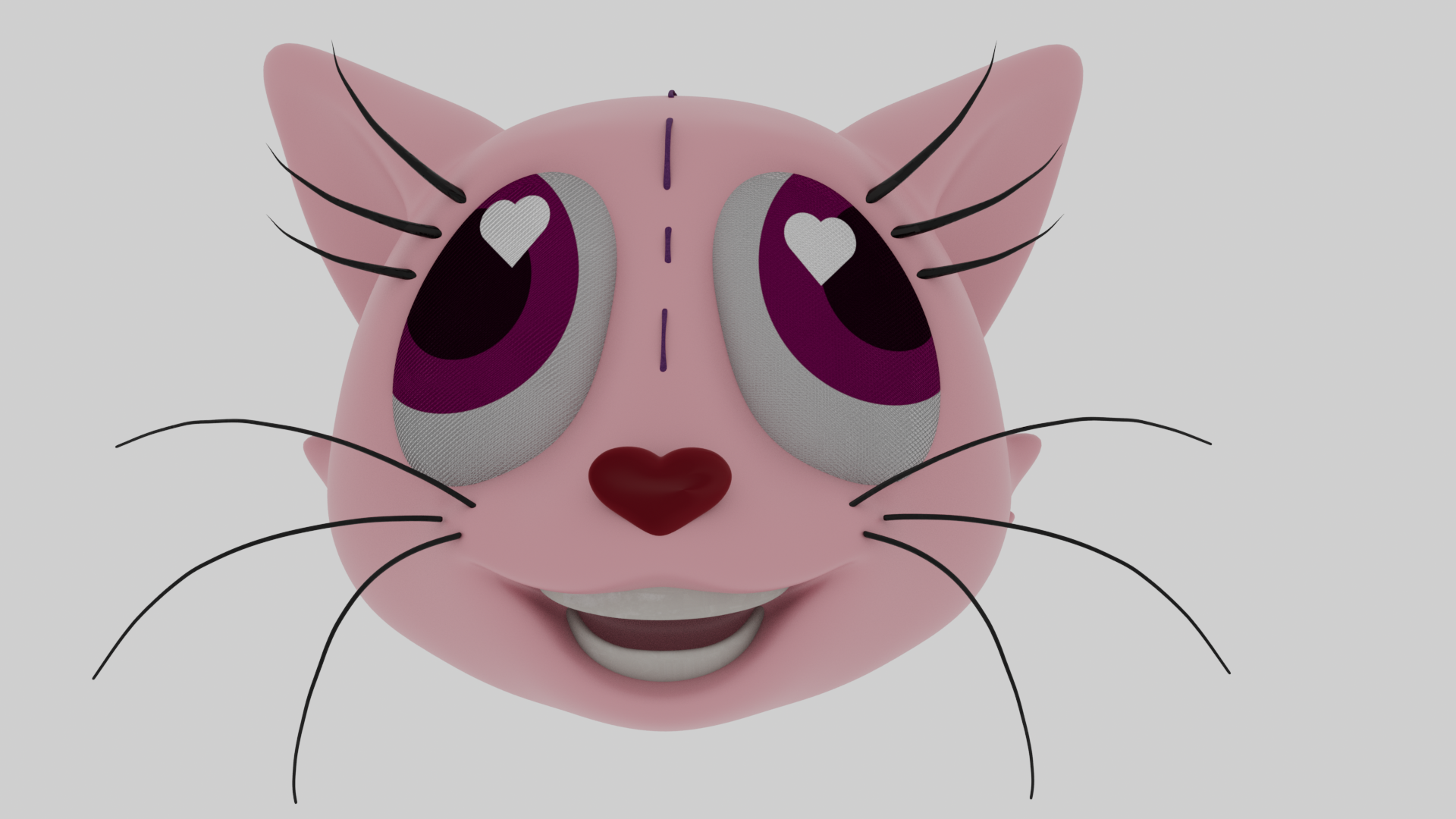 A cartoon-style pink cat face with large purple eyes, a heart-shaped nose, and a smiling mouth. The cat has long black whiskers and ears, with the right eye containing a white heart shape in the pupil.