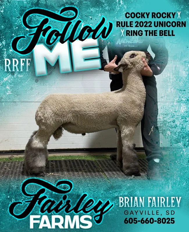 A person holding a large sheep at Fairley Farms in Gayville, South Dakota, with text promoting the Fairley Farms and references to cocky Rocky X Rule 2022 unicorn X ring the bell.