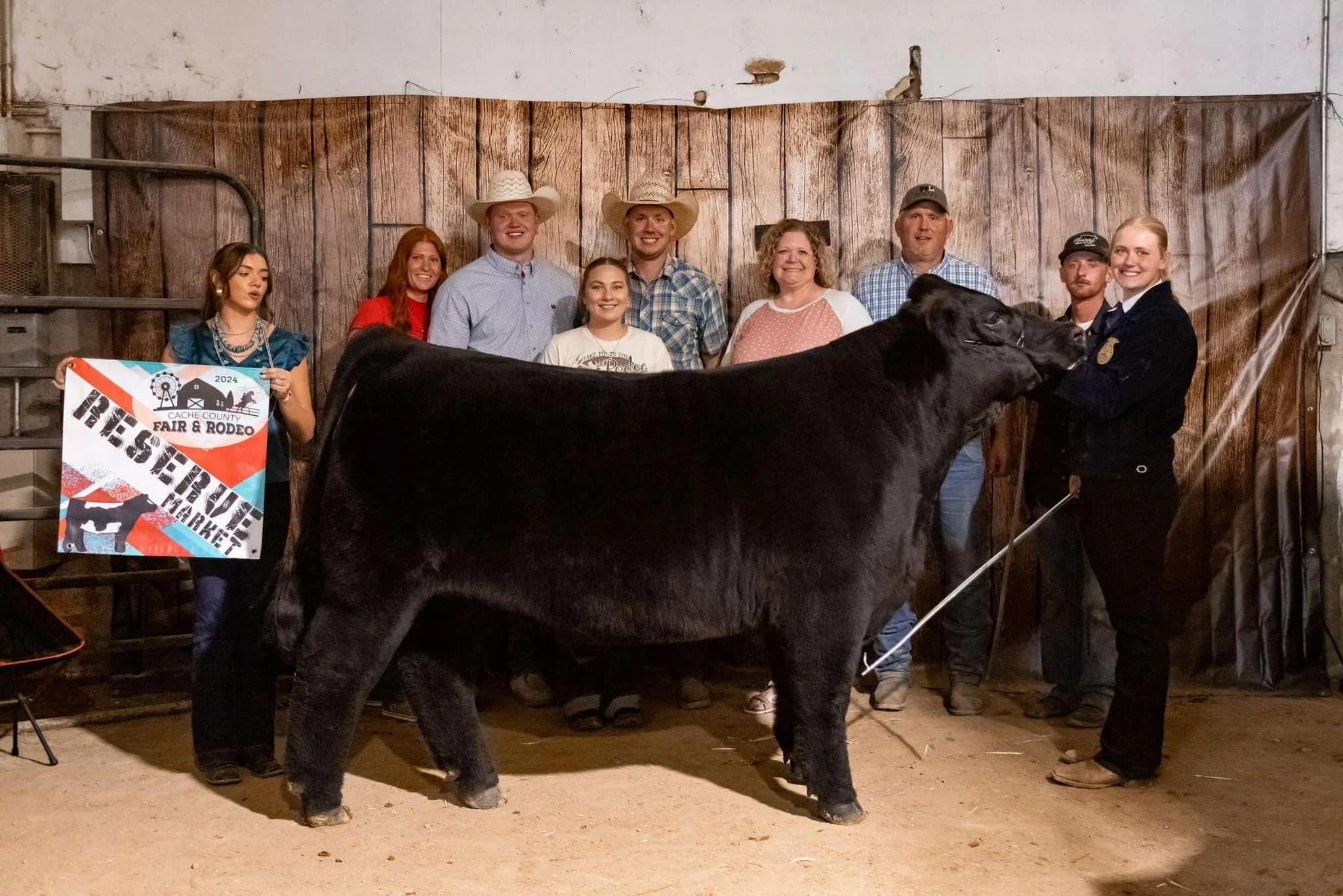 Group of people posing with a large black steer at a fair and rodeo event. One woman holds a sign that says "2024 Cache County Fair & Rodeo" and "Breeder Winner".