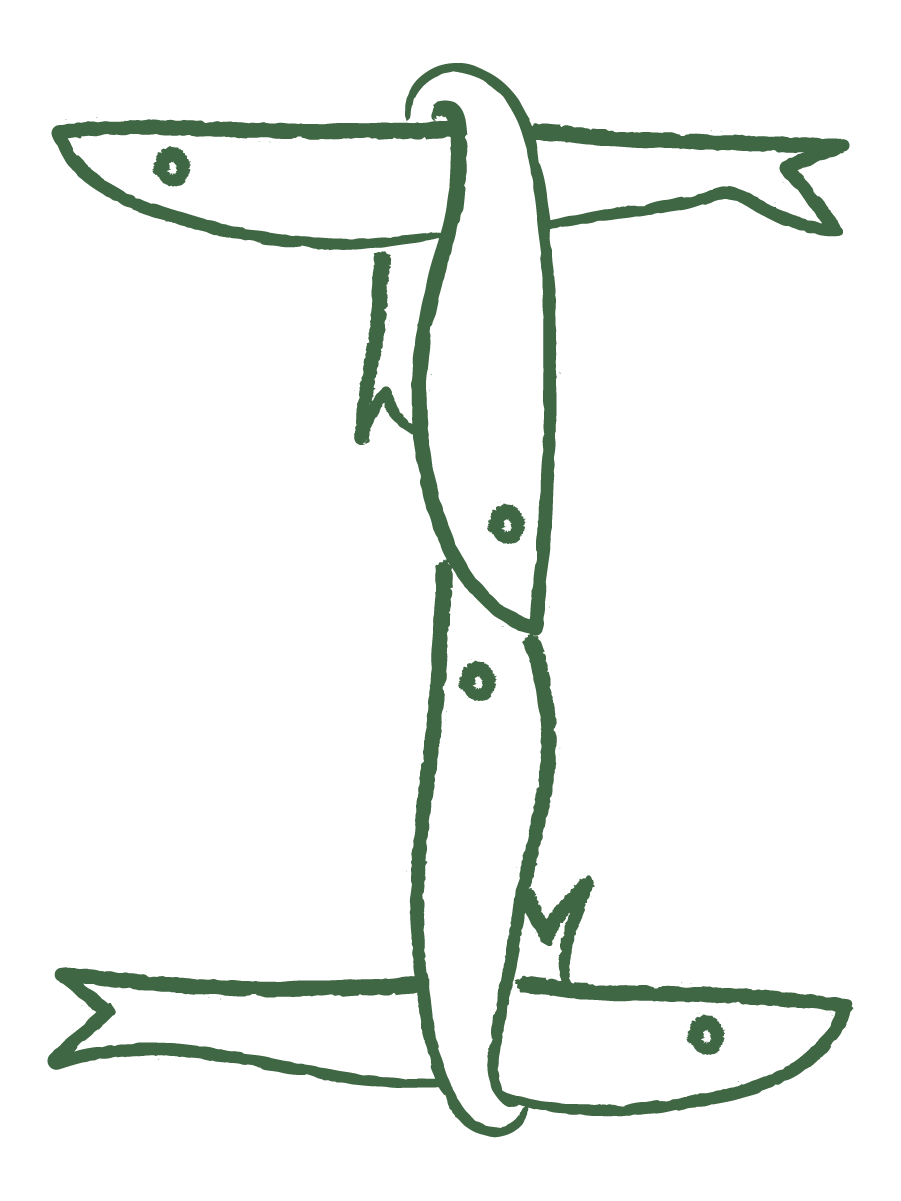 Simple line drawing of three fish, with two horizontal fish on top and bottom, and one vertical fish in the middle.