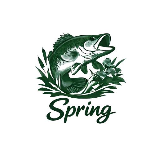 A fish jumping out of water with plants and the word 'Spring' beneath it, symbolizing springtime fishing or outdoor activity.