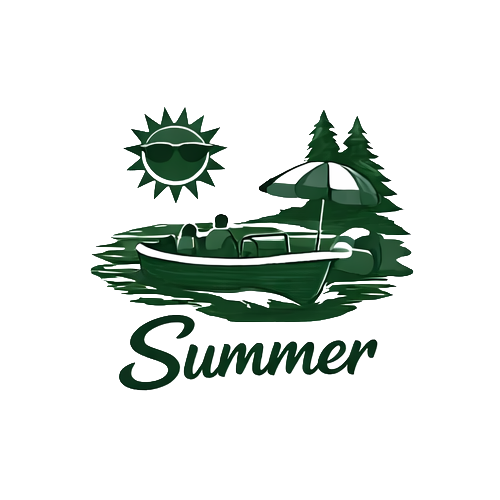 Graphic of a sun with sunglasses, trees, a boat on water with people, and the word "Summer" in green.