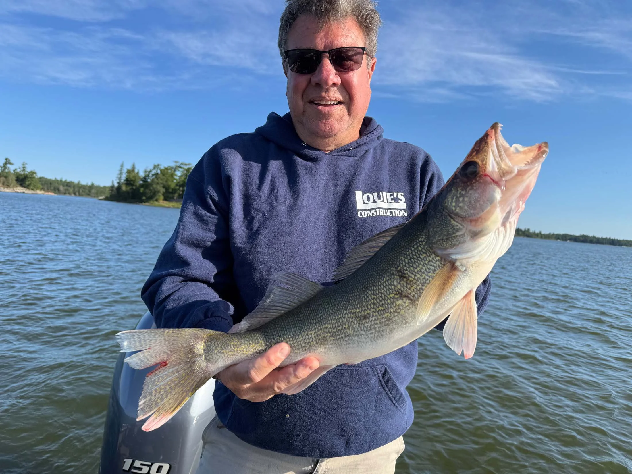 A man wearing sunglasses and a dark blue hoodie holding a large fish, likely a walleye, on a boat in a lake with trees and a blue sky in the background.